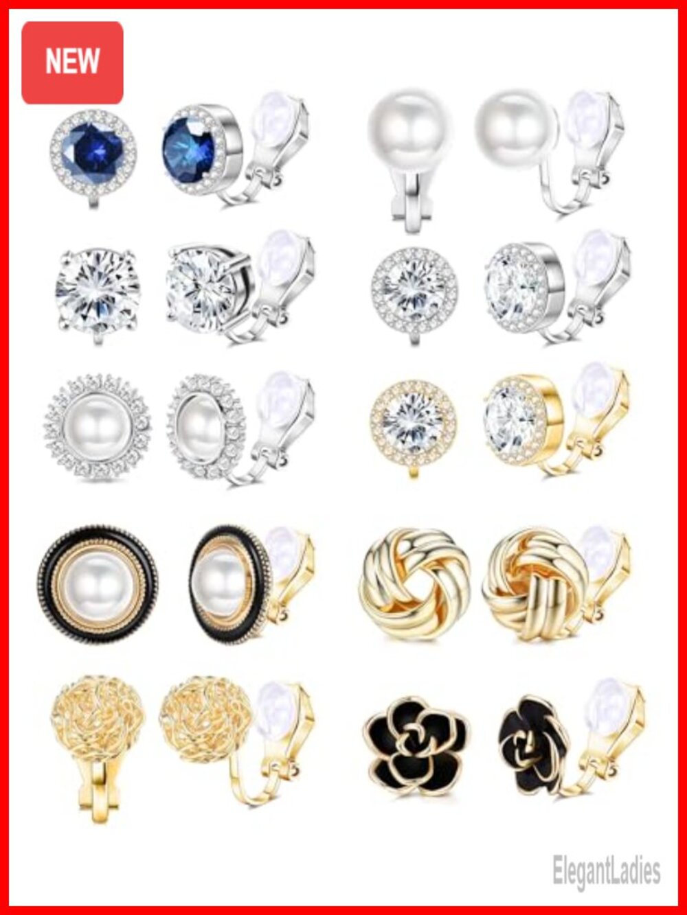 10 Pairs Clip On Earrings Gold Plated Non Pierced Simulated Pearl Cubic Zirconia
